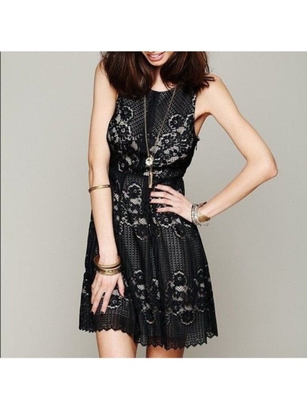 Free People Rocco Black Lace Illusion Fit And Flare Mini Dress Size S Sleeveless